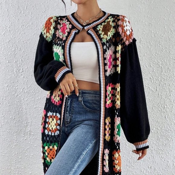 Black Casual Womens Geo Pattern Drop Shoulder Open Front Cardigan - Picture 1 of 5